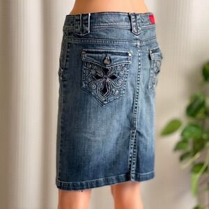 Vintage Y2K Fire Jeans Denim Skirt‎ Cross Embroidered Pockets Knee Length Size 7